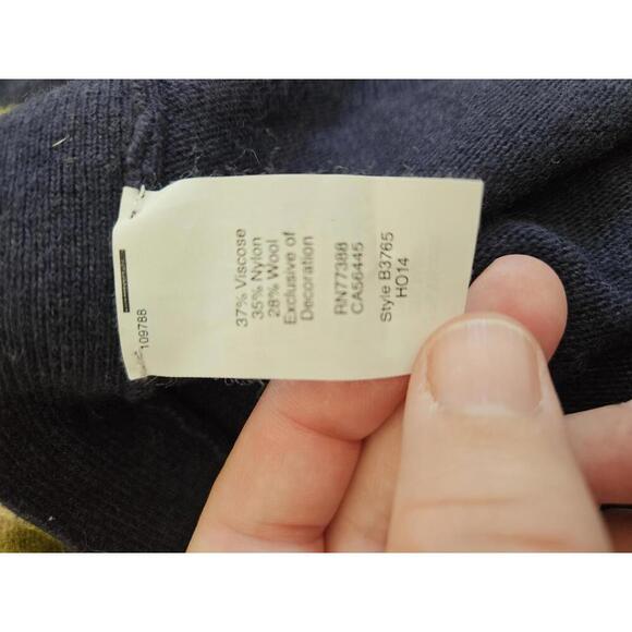 J Crew Large green & cream striped sweater and navy blue sleeves with elbow pads - Picture 4 of 5